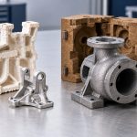 セラミック鋳型と精密鋳造部品、砂型と鋳造ハウジングの比較イメージ